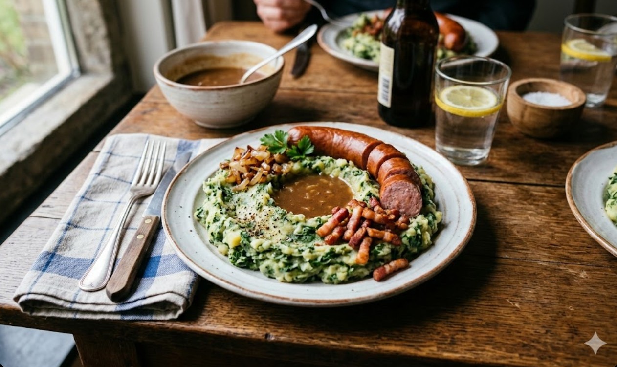 Een bord dampende Hollandse boerenkool met rookworst, spekjes en een kuiltje jus