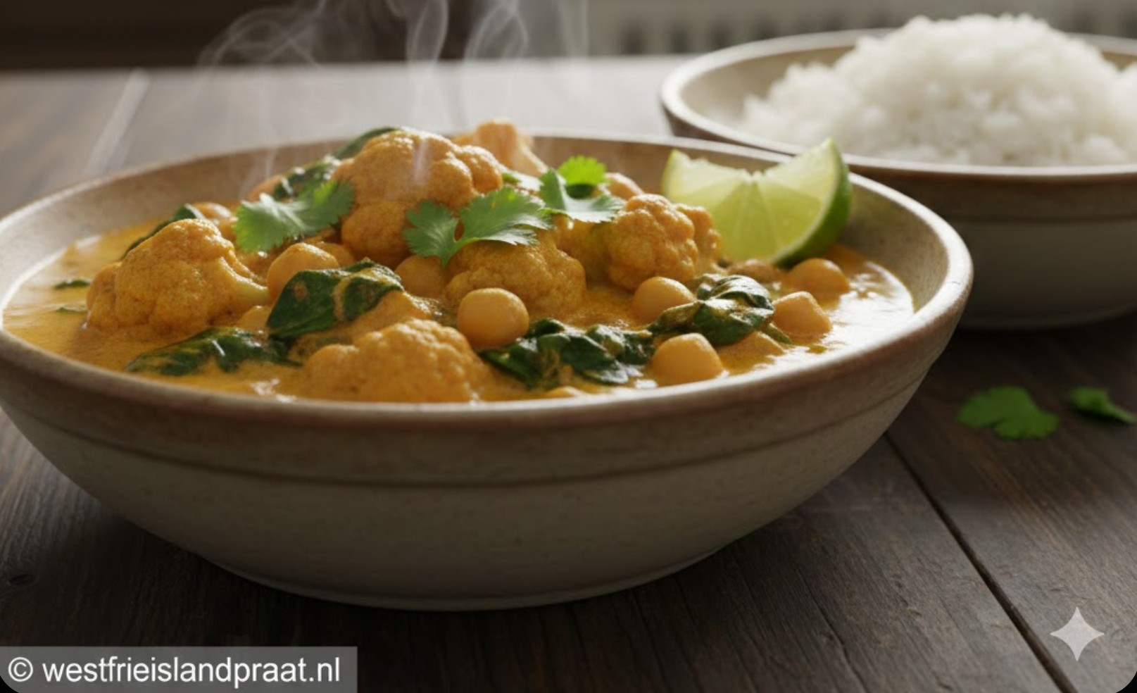 Een dampende kom romige bloemkoolcurry met verse koriander en rijst.