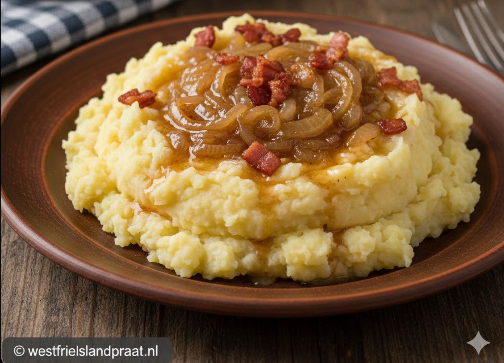 Een dampende schaal Friese uiensmoor met uitgebakken spekjes en aardappelpuree.