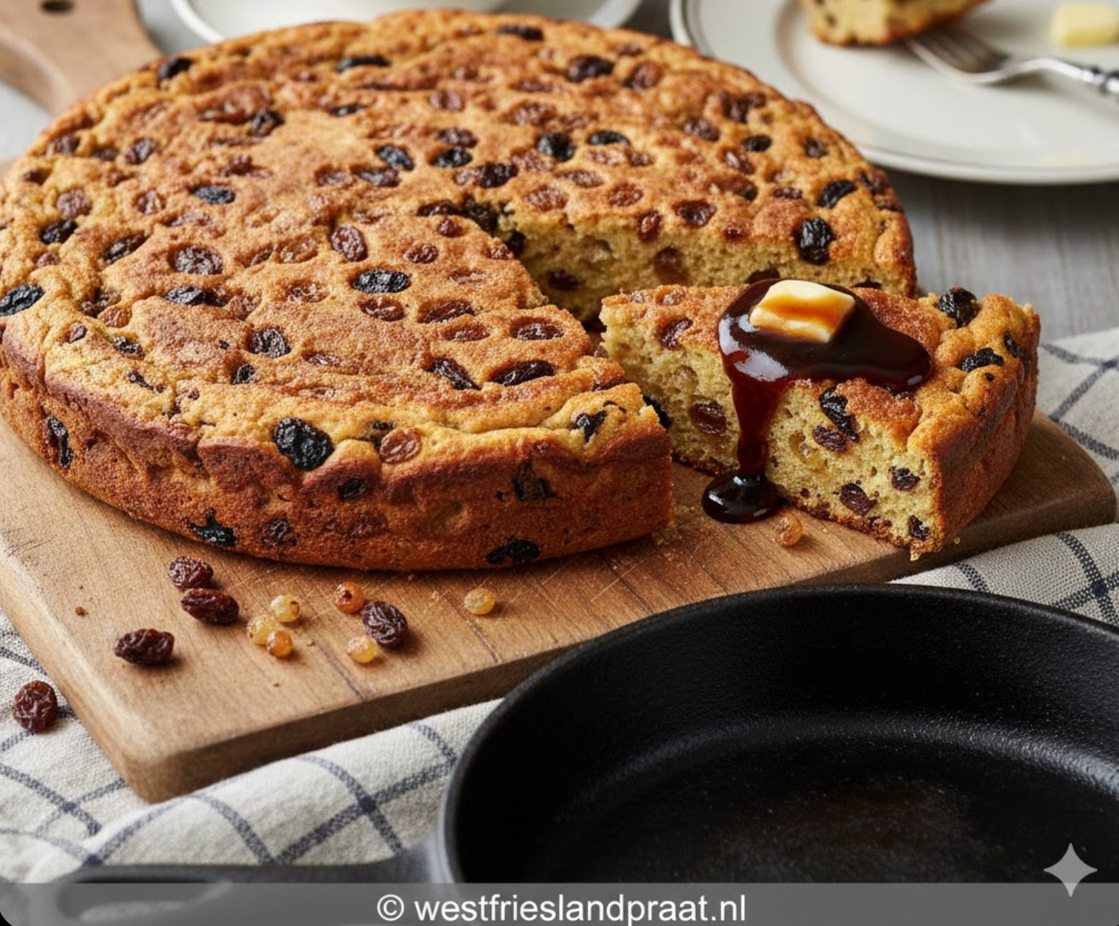 Een goudbruin gebakken West-Friese Broeder in een koekenpan met krenten en rozijnen.