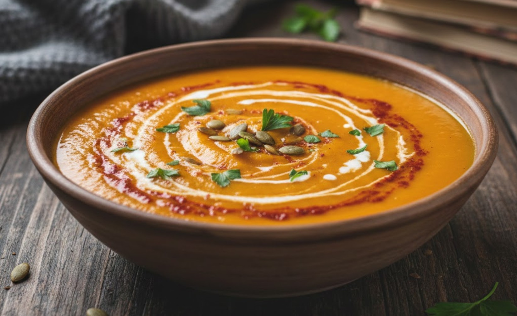 Een kom dampende oranje pompoensoep met geroosterde paprika en verse peterselie.