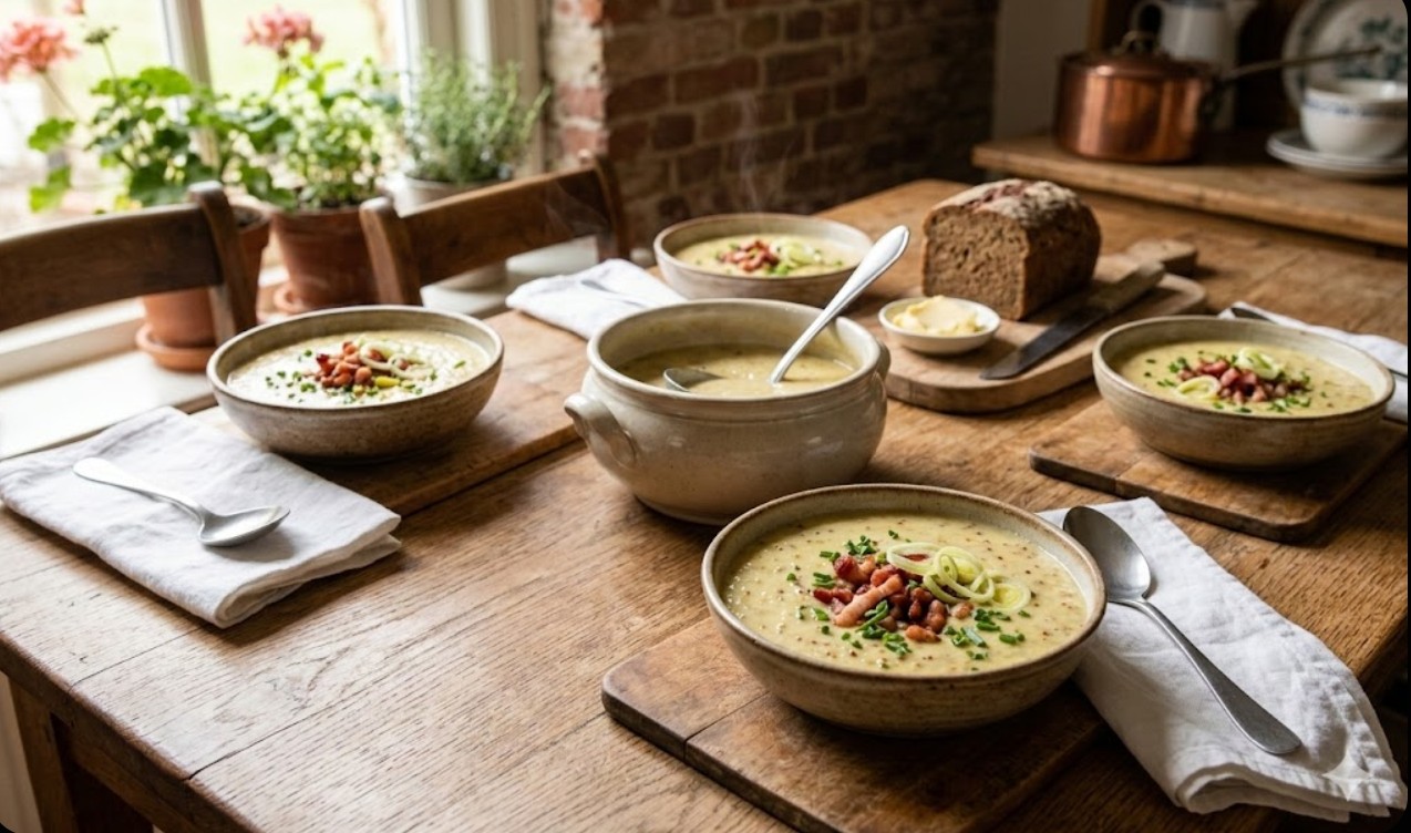Een kom romige Nederlandse mosterdsoep met uitgebakken spekjes en verse bieslook.