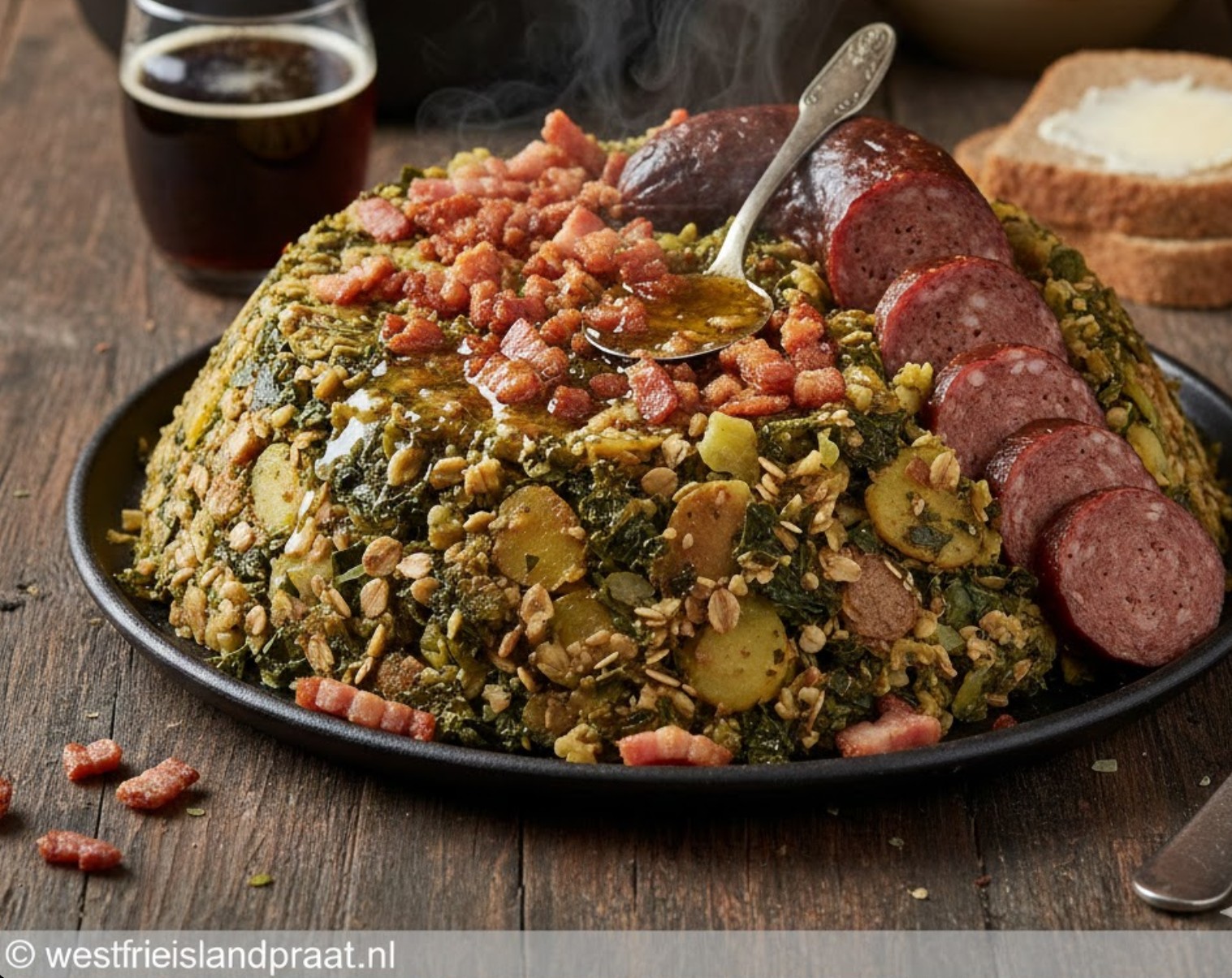 Een pan dampende Groningse boerenkool metworst en uitgebakken spekjes.