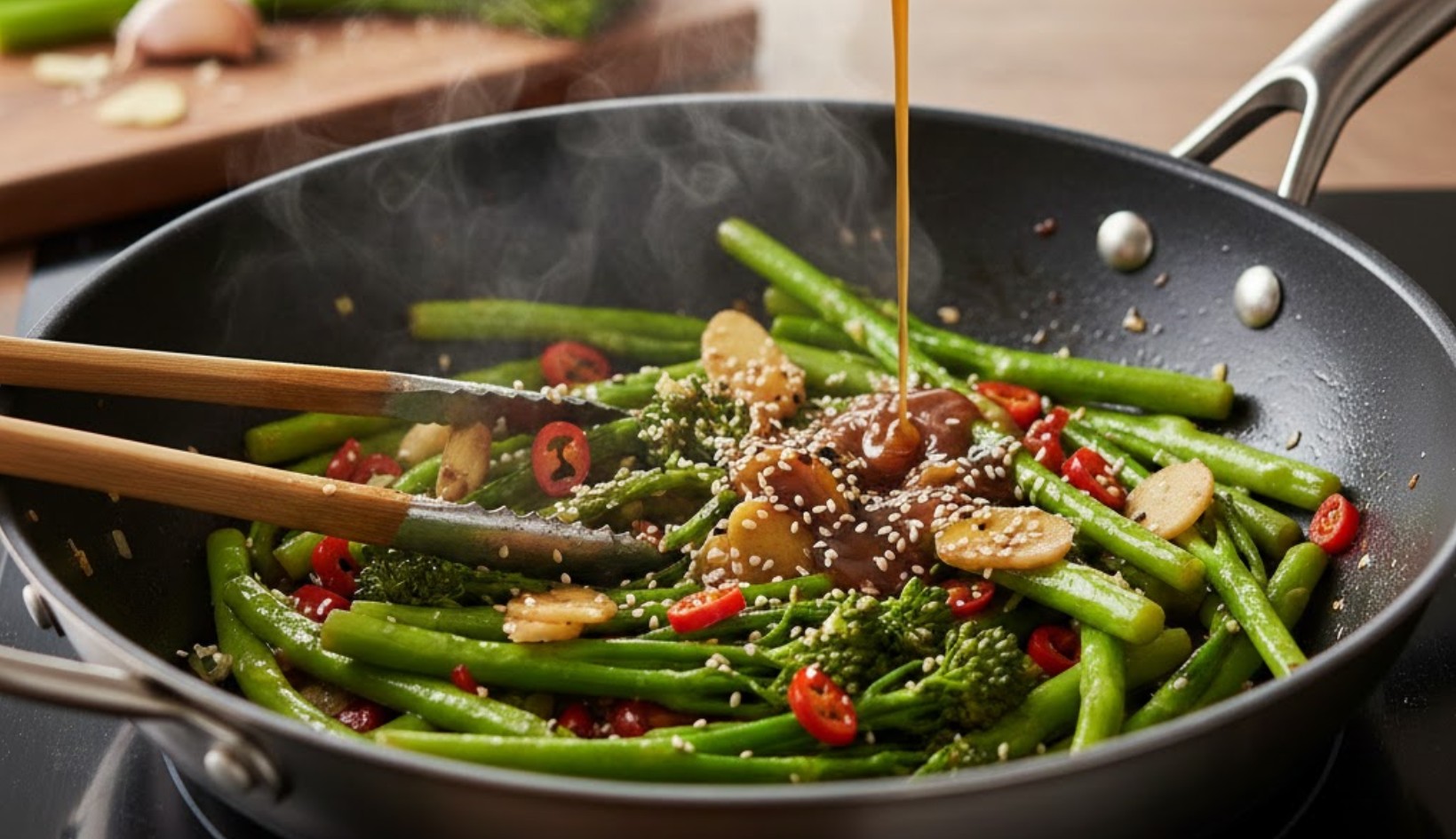 Gebakken bimi in een pan met knoflook en rode peper