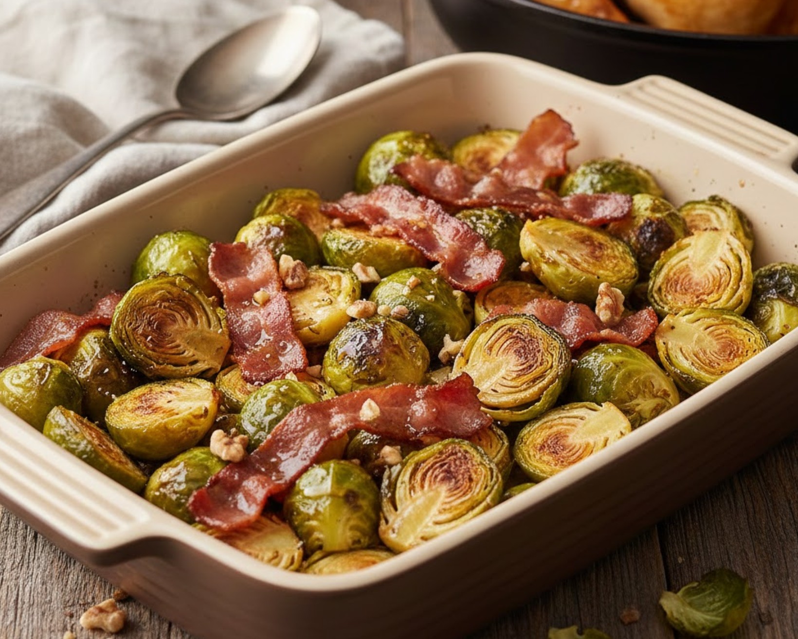 Geroosterde spruitjes met uitgebakken spekjes en honing in een ovenschaal.