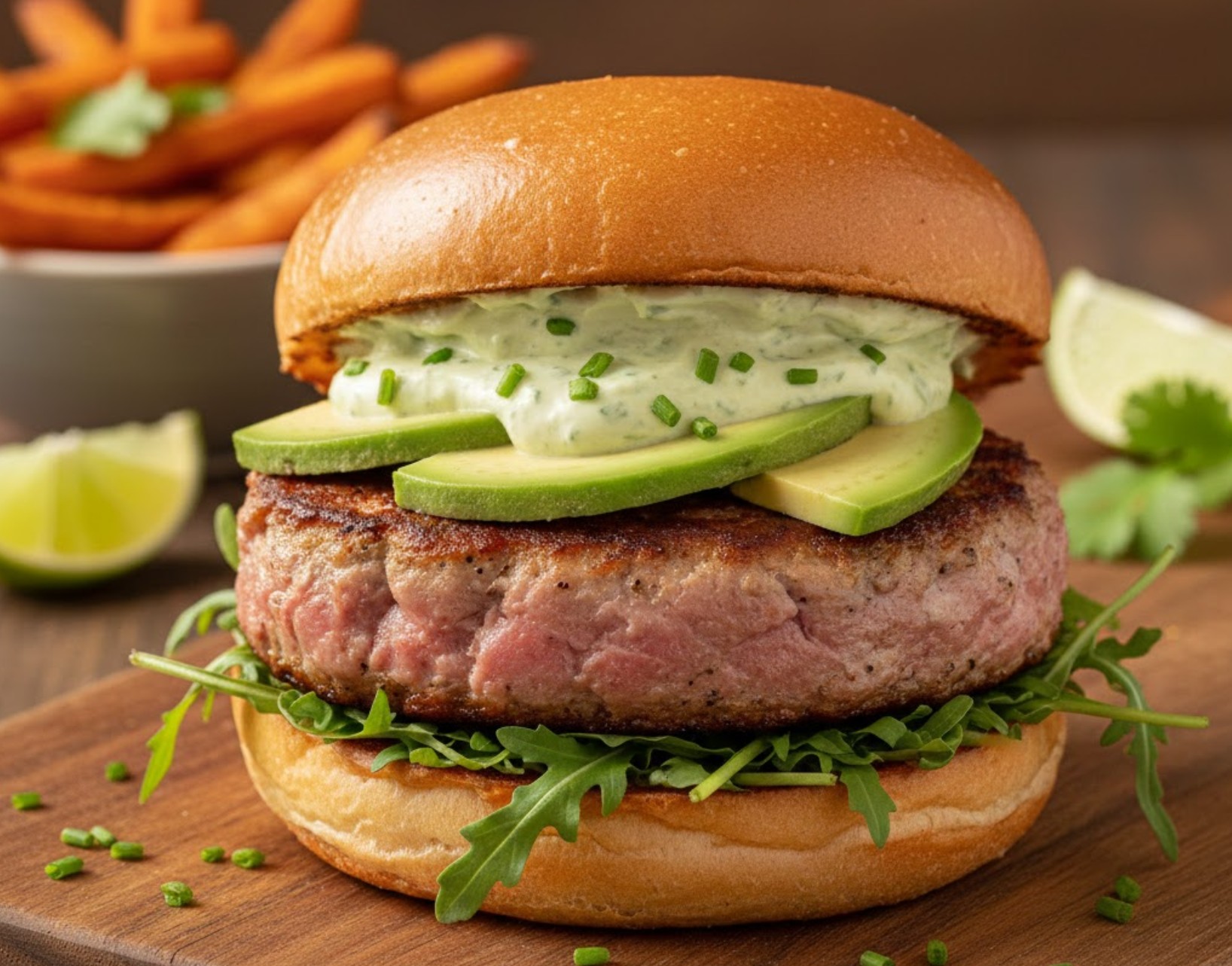 Huisgemaakte tonijnburger op een brioche broodje met avocado en wasabi-mayonaise.