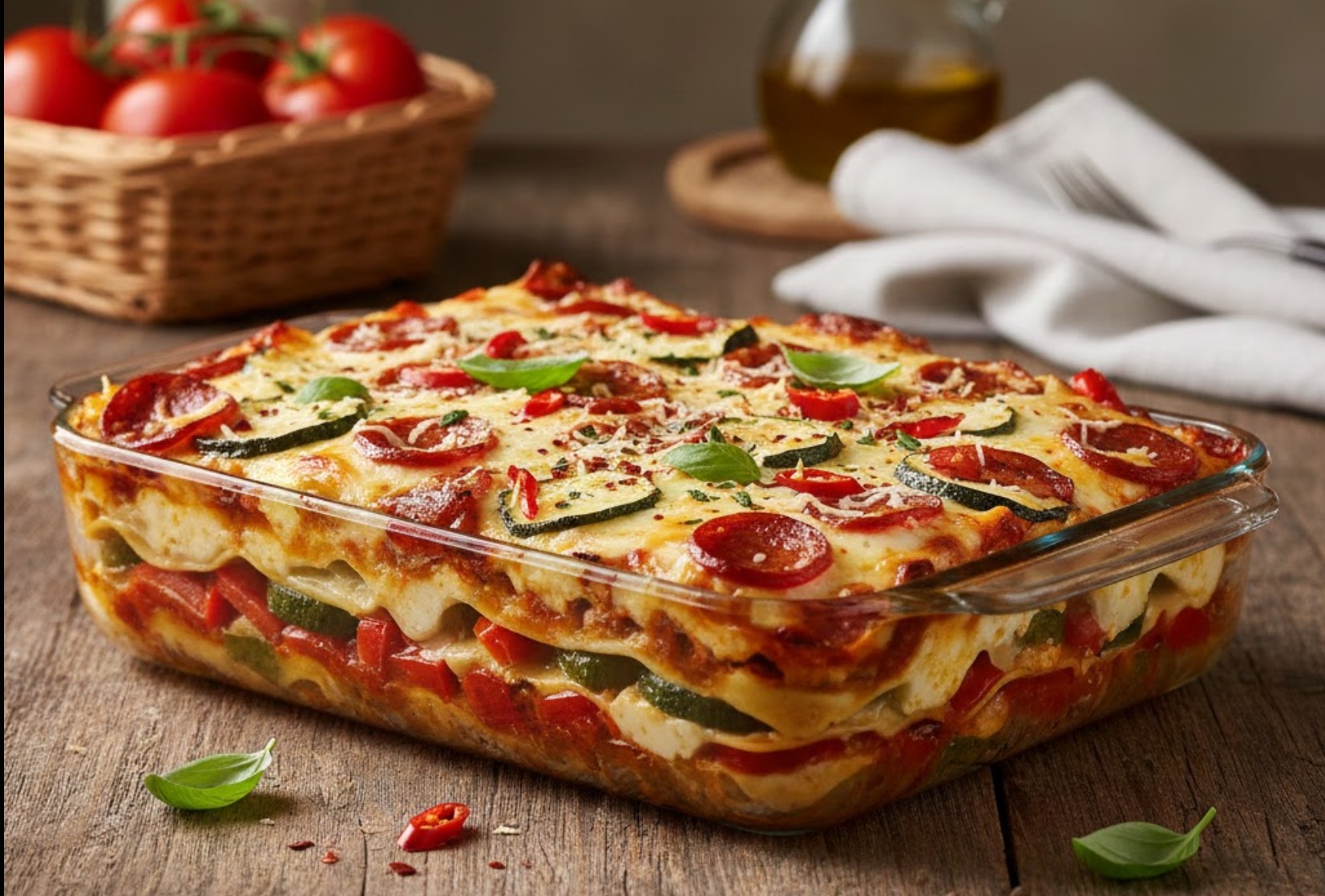 Ovenschaal met dampende lasagne met chorizo, gesmolten kaas en verse groenten.