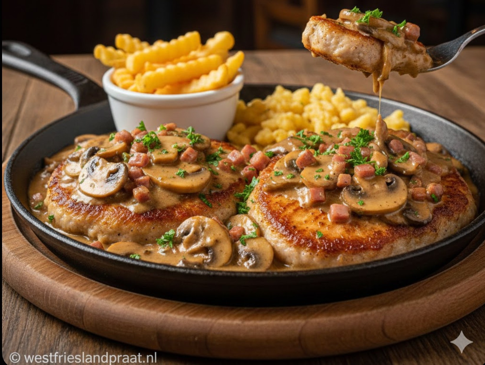 Pan met Duitse Jägerschnitzel in romige champon-speksaus