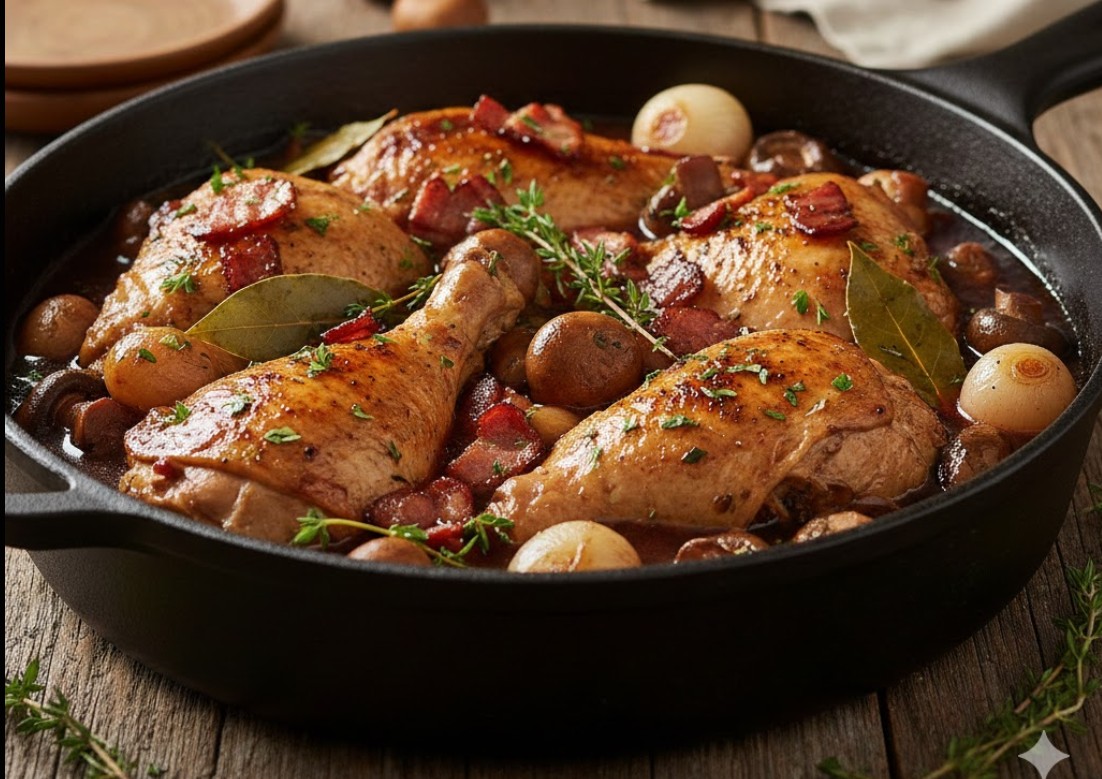 Pan met Franse Coq au Vin, rode wijnsaus, zilveruitjes en champignons.