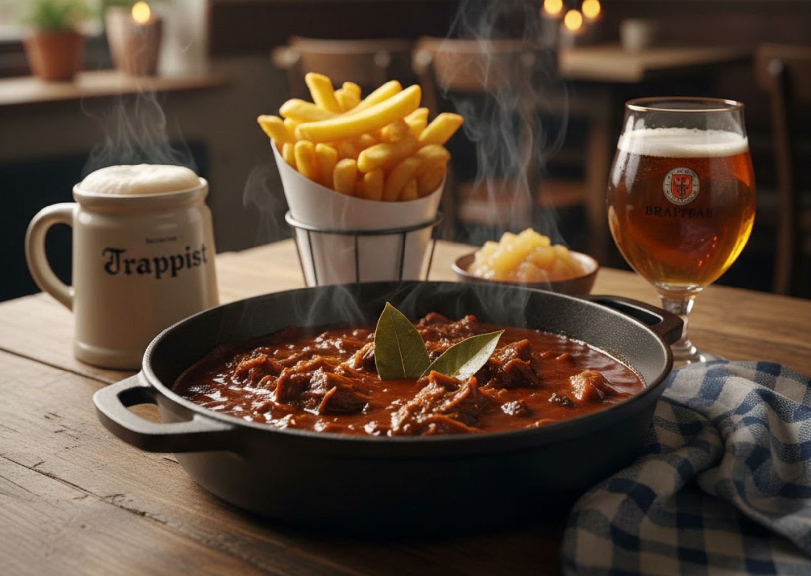 Pan met dampend Brabants zoervlees, geserveerd met dikke frieten.