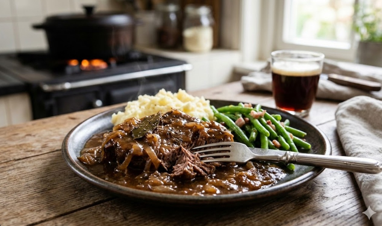 Pan met dampende Hollandse sudderlapjes in bruine saus