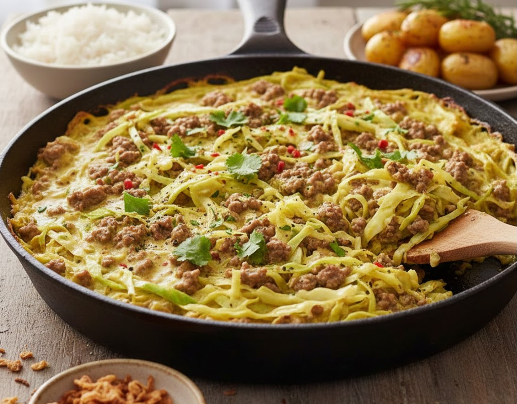 Pan met gebakken spitskool, gehakt en kerriekruiden