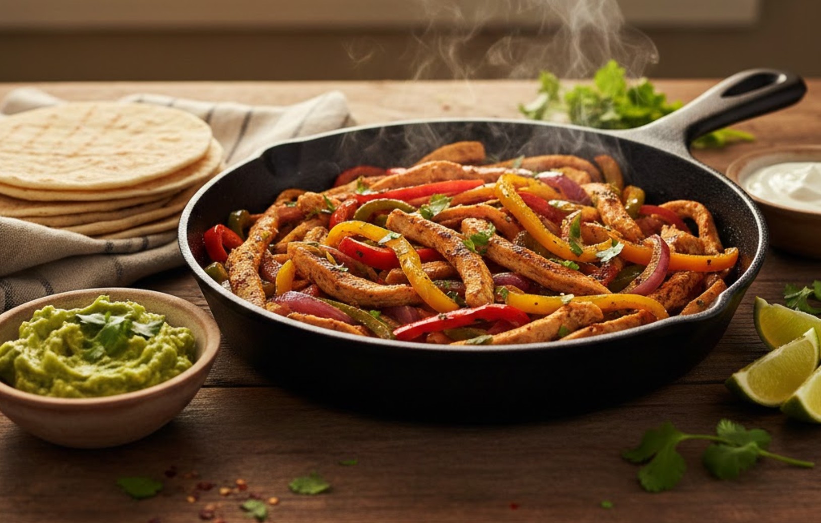 Pan met sissende kip fajita’s, paprika en ui.