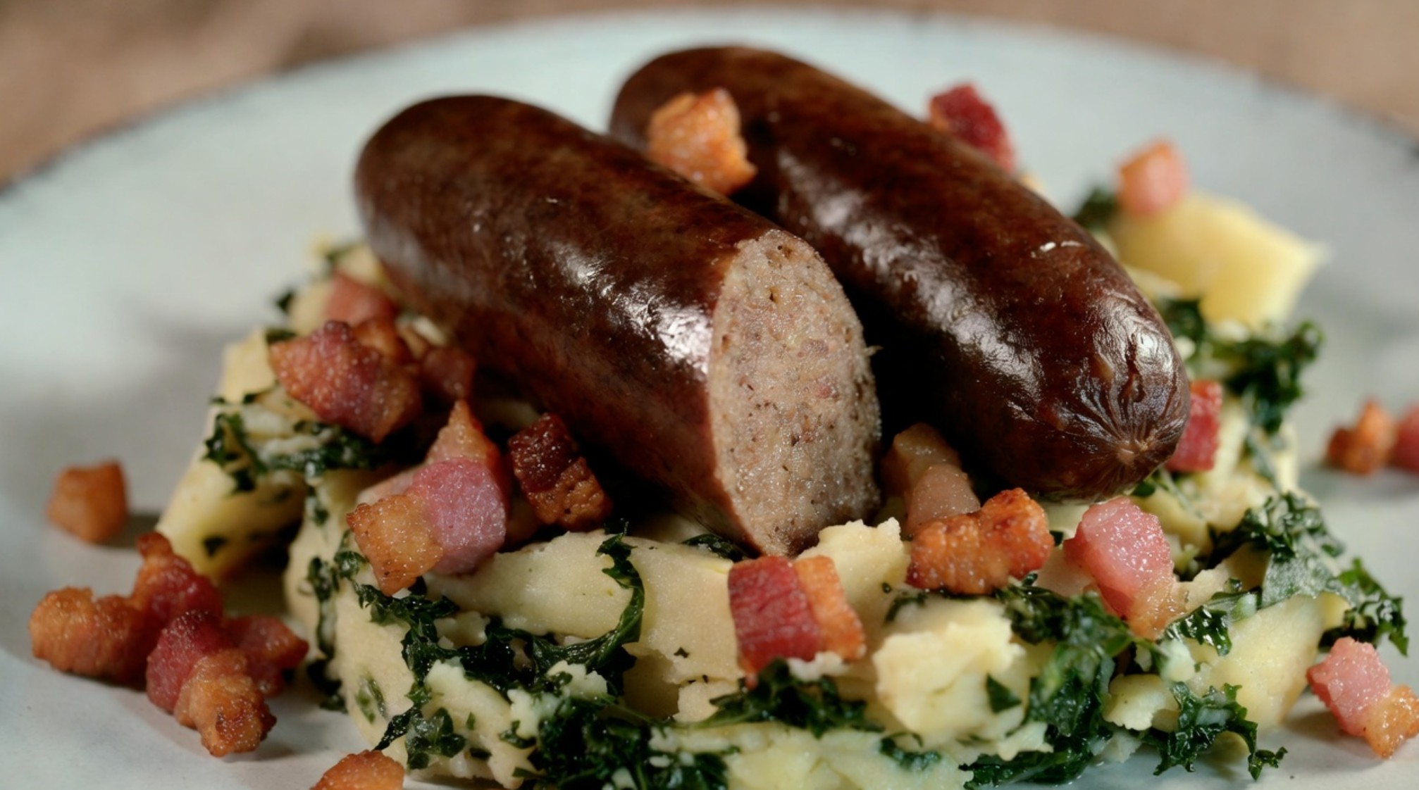 Pan met preistamppot, uitgebakken spekjes en plakjes rookworst