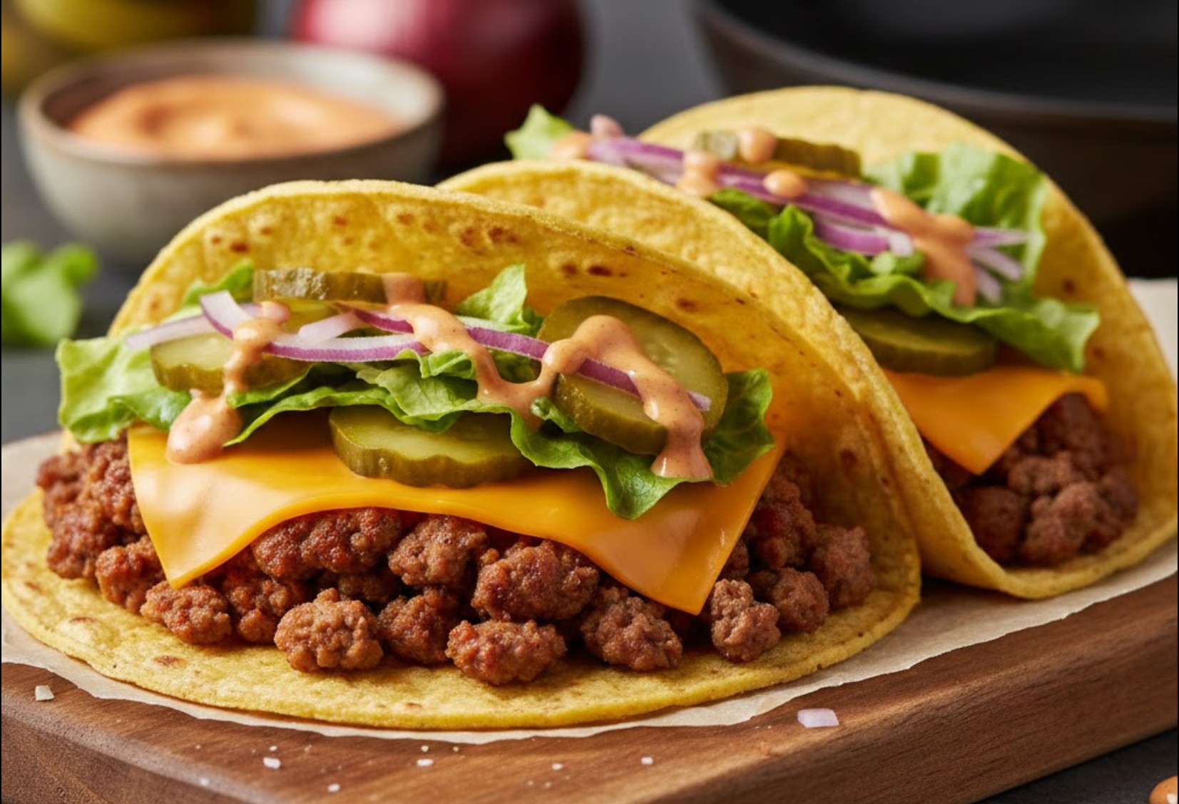Sappige cheeseburgertaco met gesmolten kaas en saus