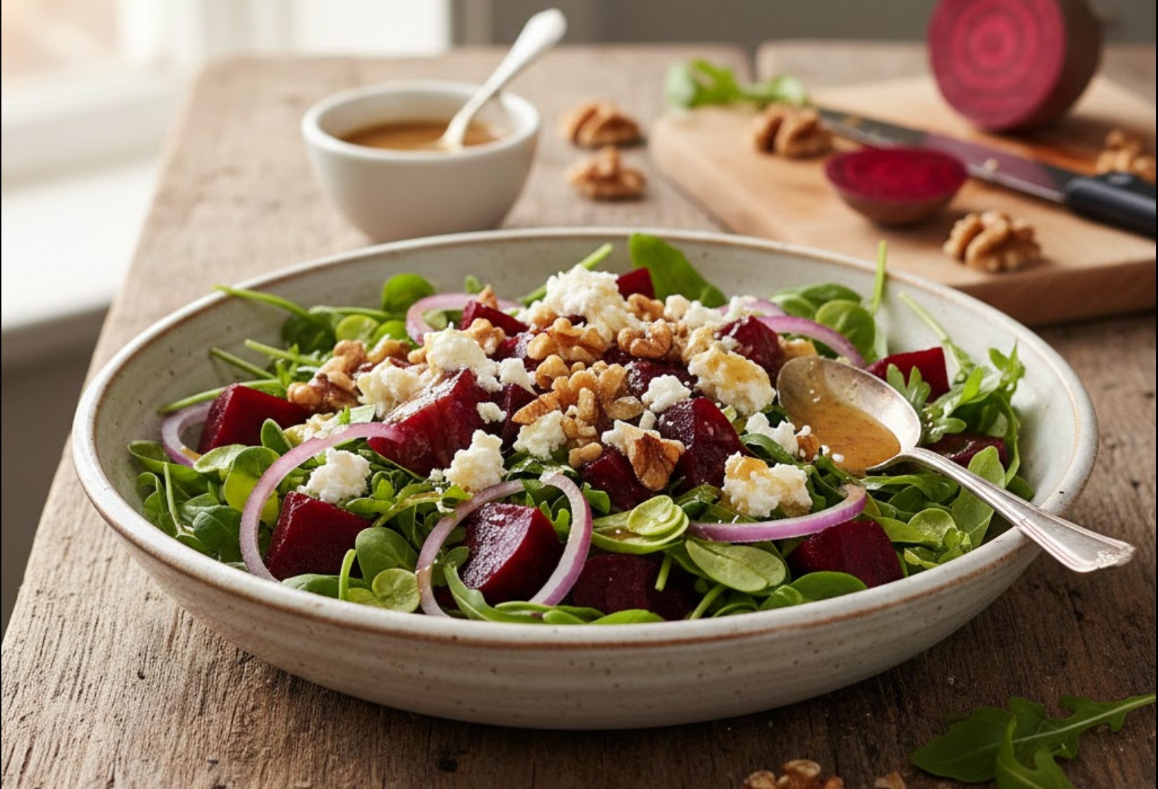 Verse rode bietensalade met witte geitenkaas en gekraakte walnoten in een schaal.