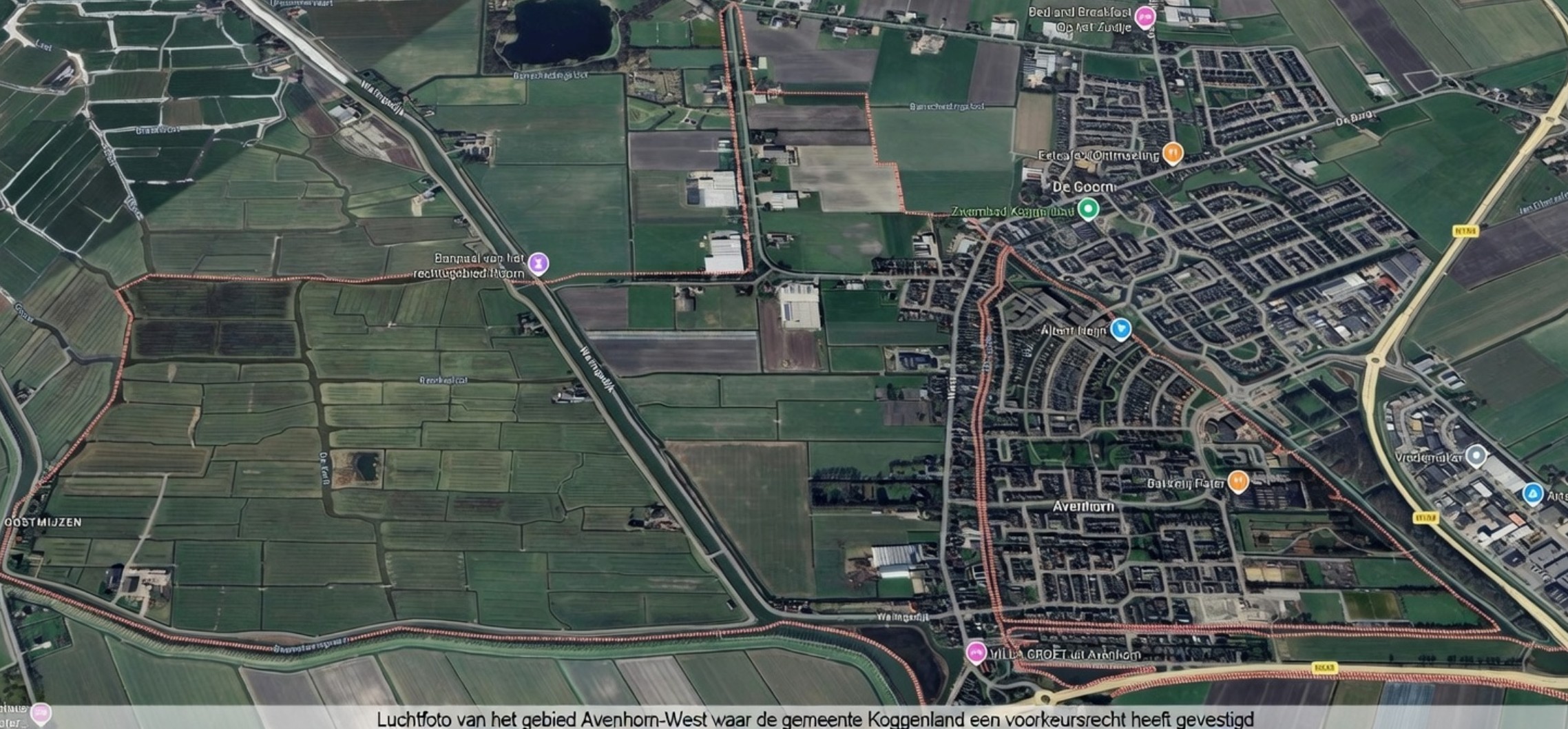 Luchtfoto van het gebied Avenhorn-West waar de gemeente Koggenland een voorkeursrecht heeft gevestigd