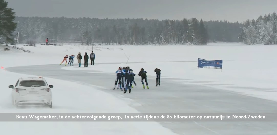 Beau Wagemaker in actie tijdens de 80 kilometer op natuurijs in Noord-Zweden.