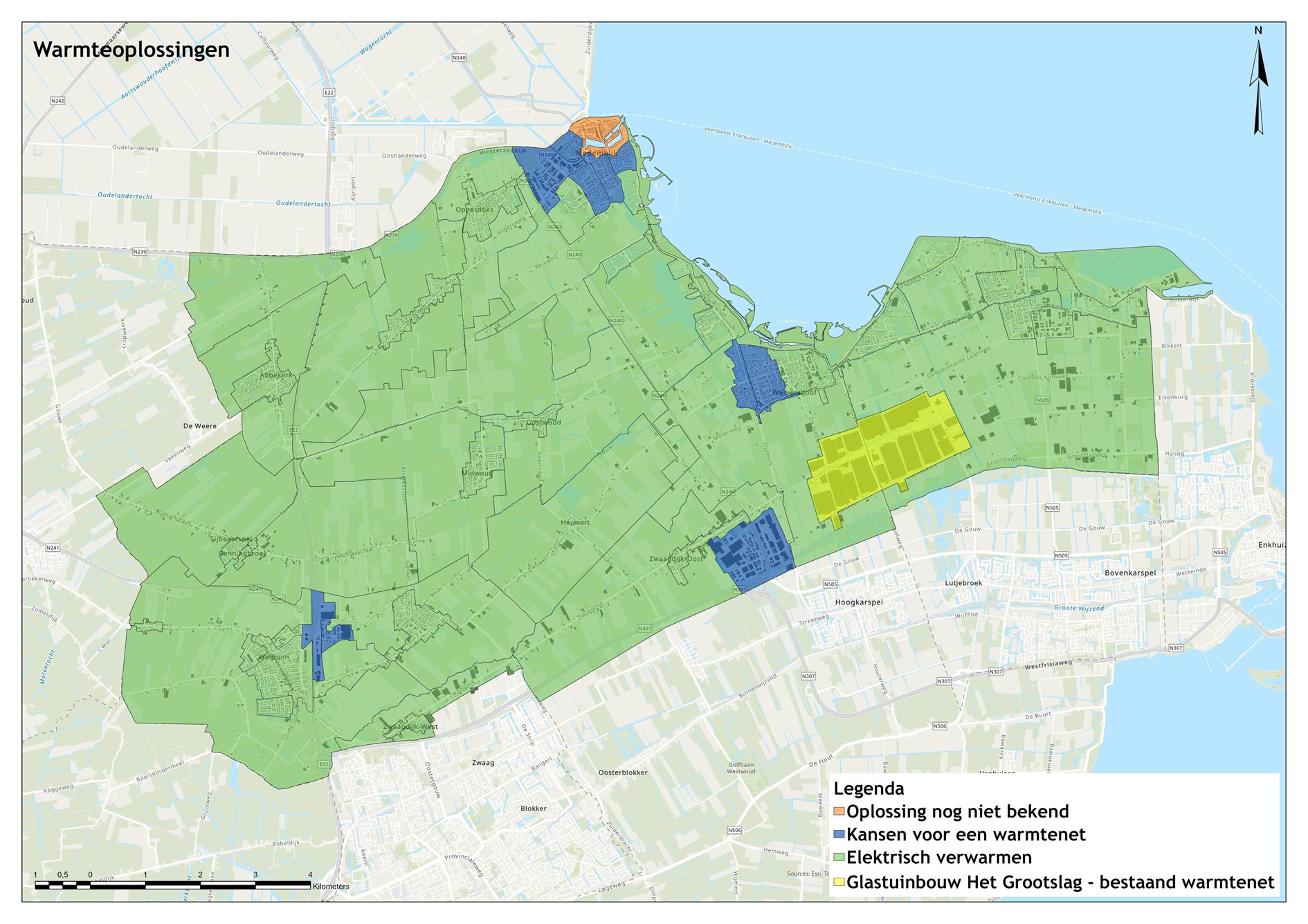 Kaart met wijken in Medemblik en Wervershoof waar kansen voor een warmtenet worden onderzocht.