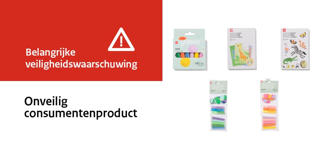 Publieksadvertentie van Hema over terugroepactie speel- en knutselzand vanwege mogelijke asbest.