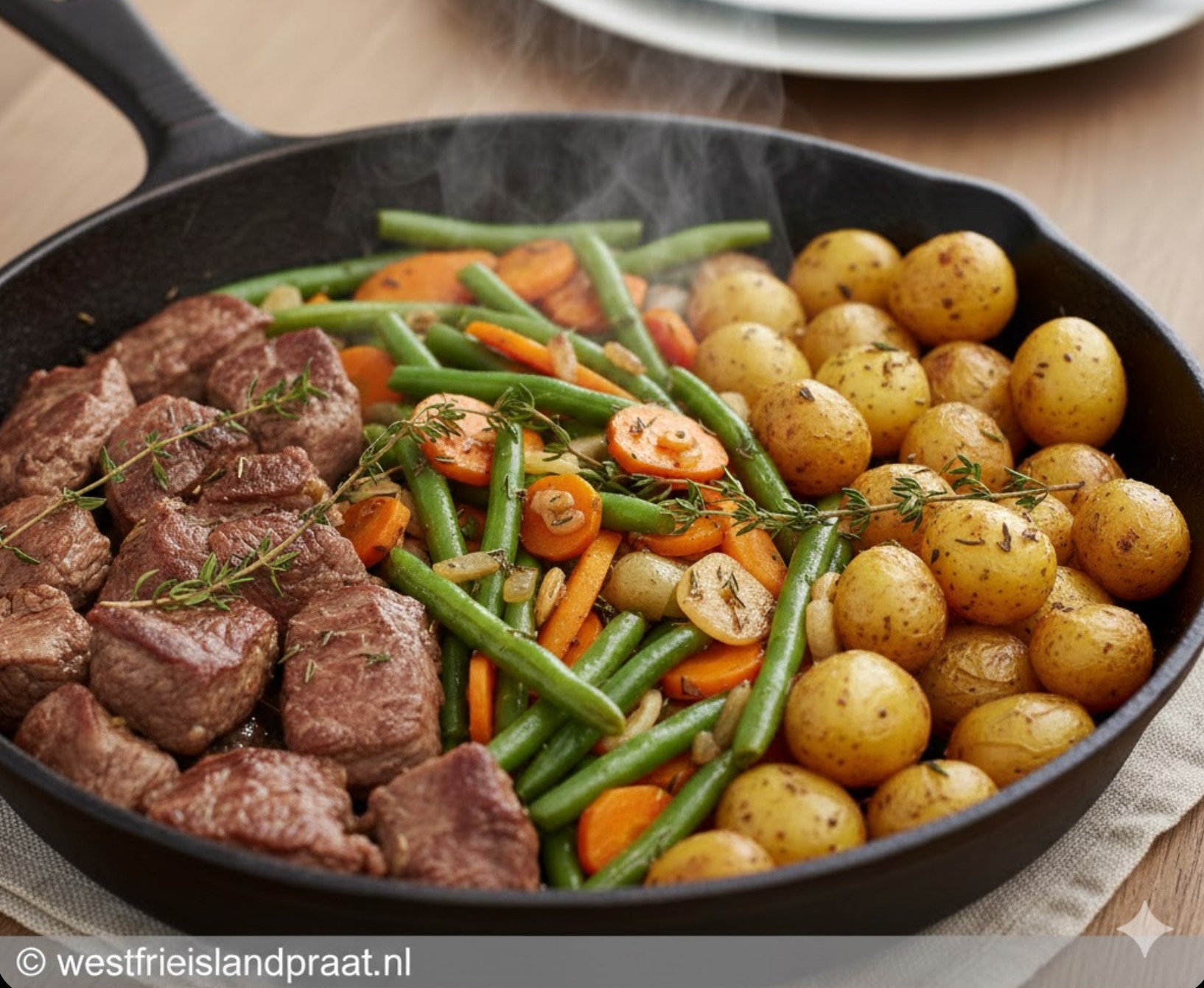 Geniet van malse biefstuk met verse Hollandse groenten en aardappels.