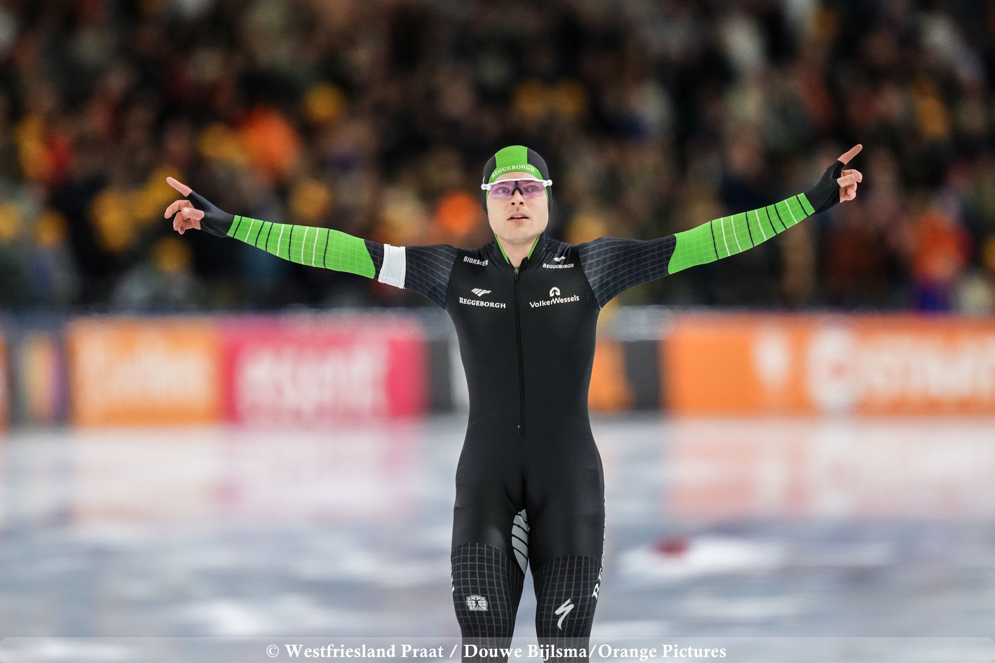 Janno Botman tijdens het NK Sprint in Thialf Heerenveen waar hij de Nederlandse titel wint.