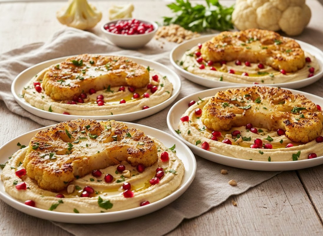 Bord met goudbruin geroosterde bloemkoolsteaks, hummus, granaatappelpitten en verse peterselie.