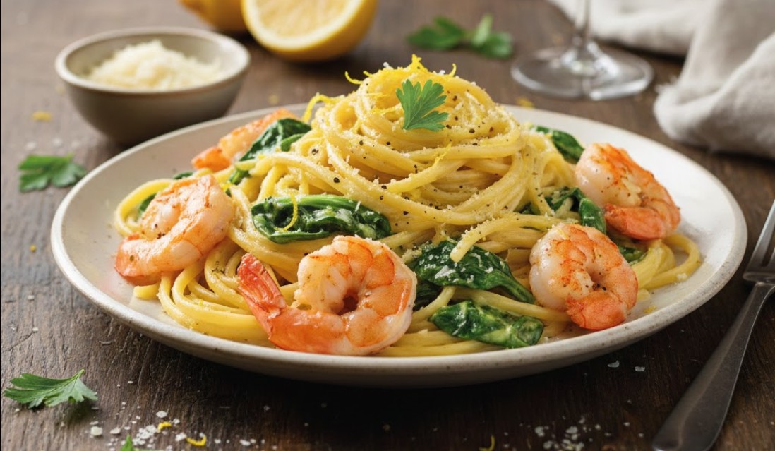 Romige Citroenpasta met Gamba’s en Spinazie