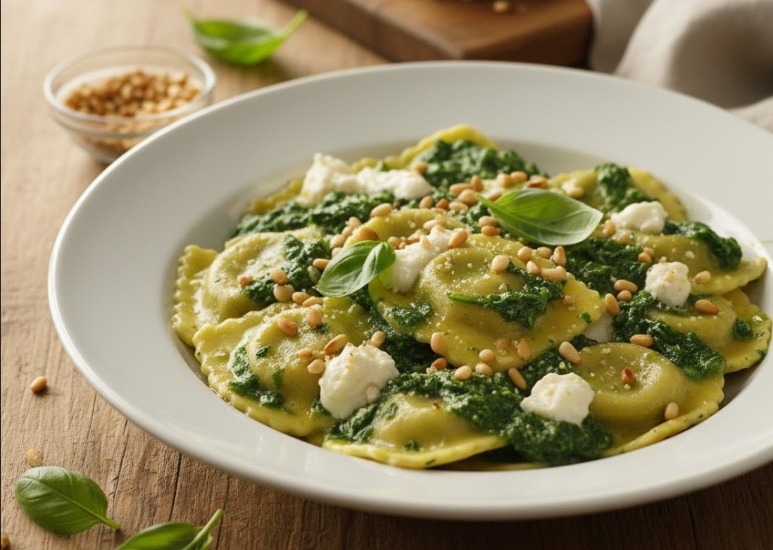 Bord met verse ravioli, gesmolten mozzarella en verse spinazie