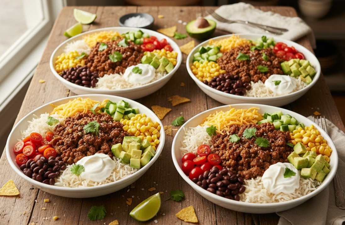 Een kleurrijke en uitnodigende tacobowl met gehakt, rijst, maรฏs, zwarte bonen, avocado, tomaten, komkommer en koriander, geserveerd in een witte kom.