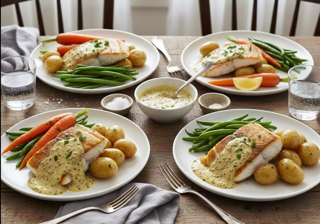 Gebakken kabeljauwfilet met romige mosterdsaus en verse peterselie op een wit bord.