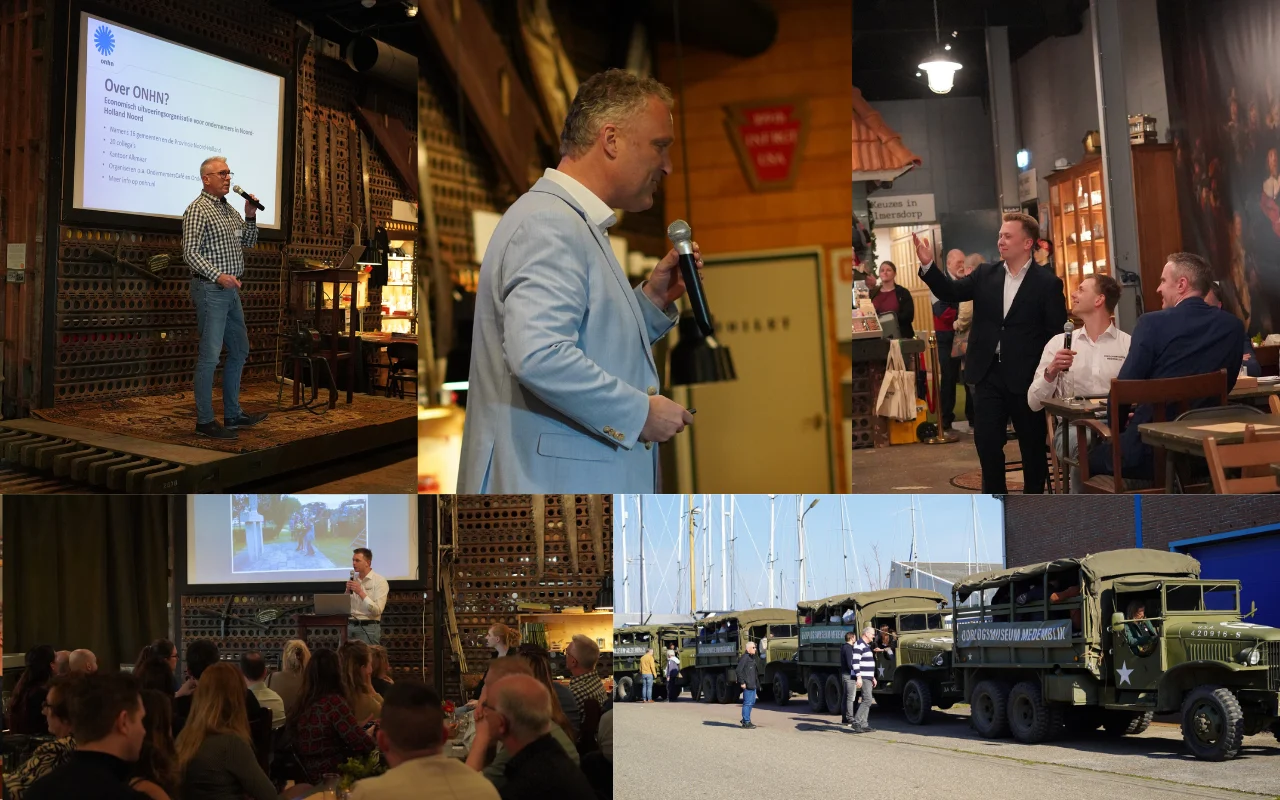 Ondernemers tijdens de eerste netwerkborrel van Oorlogsmuseum Medemblik met historische GMC-legertrucks op de achtergrond