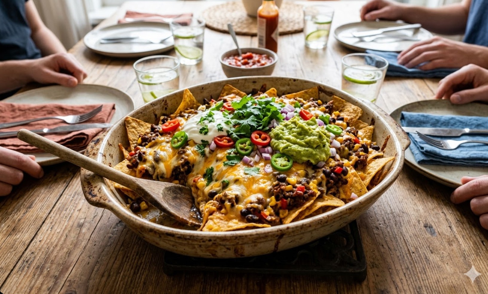 Ovenschaal met kleurrijke nacho’s, gesmolten kaas, gehakt en guacamole.