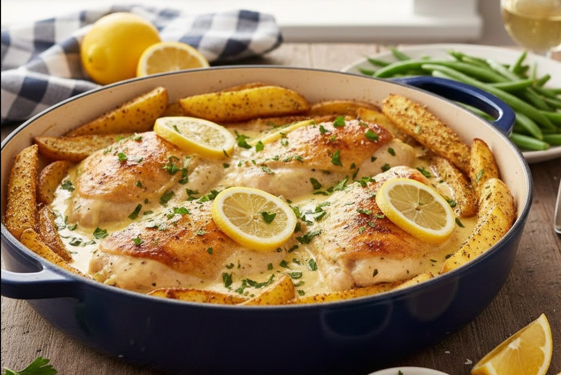 Pan met romige citroenkip, verse peterselie en gouden aardappelschijfjes.